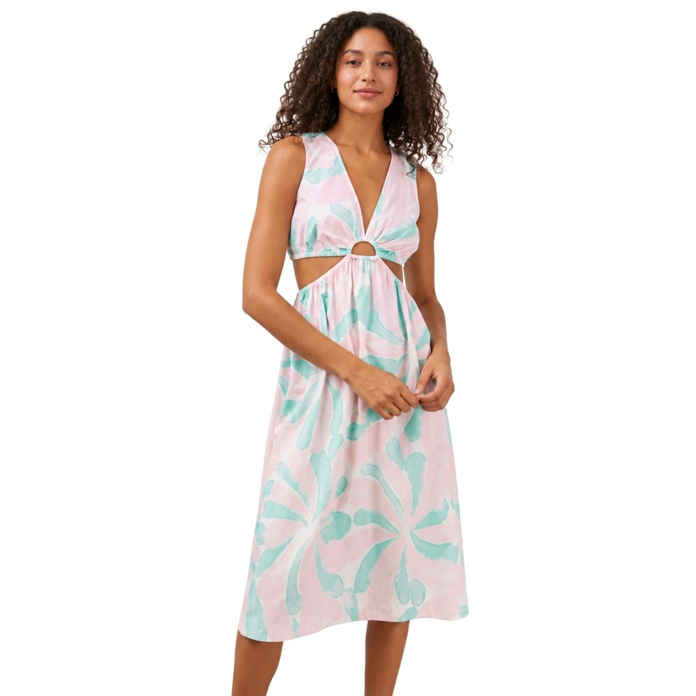 Rails Dress Womens Medium Mint Pink Rizo Watercolor Cutout Midi Tropical Cotton